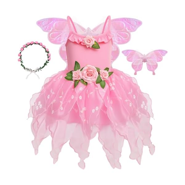 TinkerPlay Feen Kostüm Kinder Mädchen mit Feenflügel Schmetterlingflügel Feenkleid Blumenkranz Haarreif Feenkostüm Karneval Halloween Prinzessin Kostüm Zubehör für Kinder Mädchen