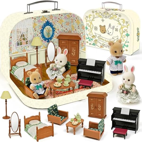 Koffer Dollhouse Tragbares Puppenhaus Möbel Zubehör DIY Miniatur Haus mit 2 Flexible Puppen, Klavier, Schlafzimmer Möbel Rollenspiel Geschenk Spielzeug für Kinder Mädchen Jungen ab 3+ (Schlafzimmer)