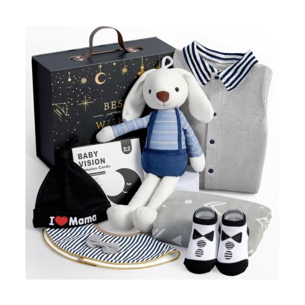 Baby Geschenk Jungen Neugeborenen Geschenke zur Geburt mit Baby Strampler/Hase Kuscheltier/Lätzchen/Socken/Musselin Decke Windeltorte Geschenkbox Baby Shower Party Gender Reveal Geschenk