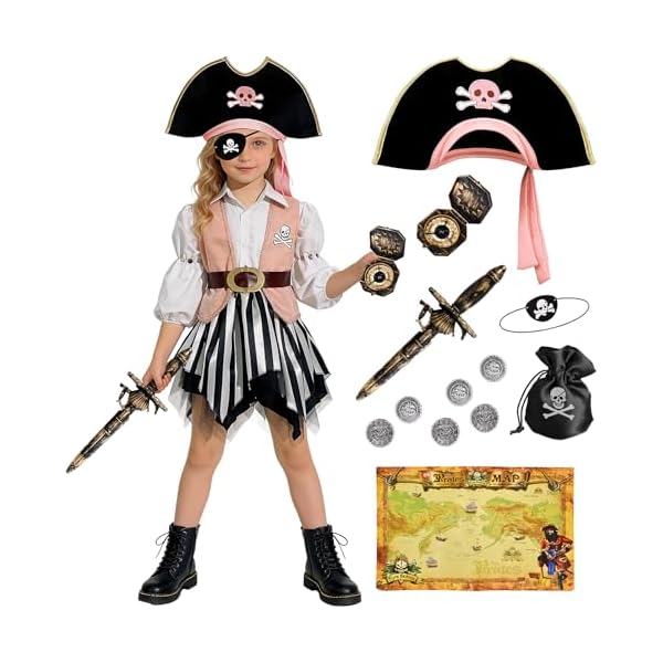 TinkerPlay Piratenkostüm Kinder Mädchen mit Piratenhut Piraten Zubehör Piratenkleid Stirnband Kompass Schwert Pirat Karneval Fasching Halloween Kostüm für Kinder (140CM(9-10 Jahre))