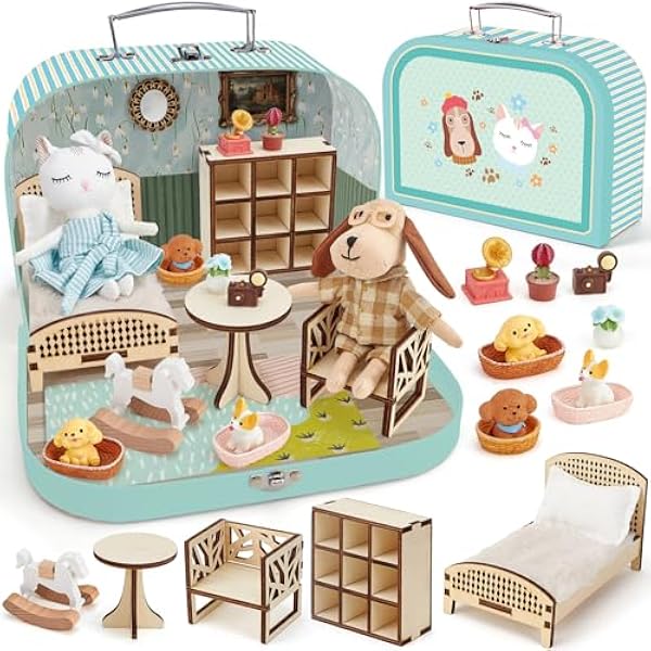 Koffer Puppenhaus Tragbares Puppenhaus Mitnehm Möbel Zubehör DIY Miniature Haus mit Plüsch Katze und Hund Holz Möbel Rollenspiel Zubehör Geburstag Weihnachten Geschenk für Kinder Mädchen Jungen ab 3+