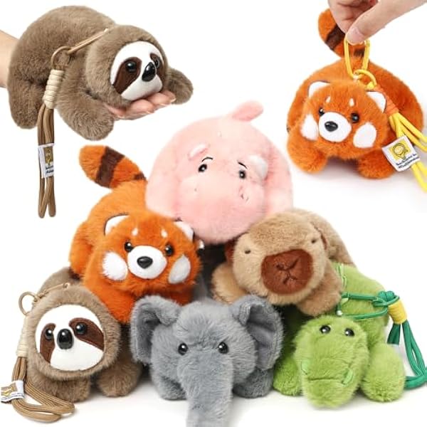 6Stk. Dschungel Mini Kuscheltiere 12cm Braunbären, Elefanten, Nilpferd Mini Kawaii Plüschtiere Schlüsselanhänger Safari Party Mitgebsel Plüsch Spielzeug Geschenk für Kinder Mädchen Jungen