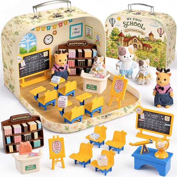Koffer Dollhouse Puppenhaus Möbel Zubehör DIY Miniature Haus mit 2 Flexible Puppen und Schlafzimmer und Badezimmer Möbel Rollenspiel Geburstag Weihnachten Geschenk für Kinder Mädchen Jungen ab 3+