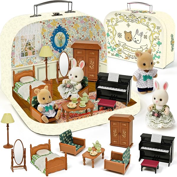 Koffer Dollhouse Tragbares Puppenhaus Möbel Zubehör DIY Miniatur Haus mit 2 Flexible Puppen, Klavier, Schlafzimmer Möbel Rollenspiel Geschenk Spielzeug für Kinder Mädchen Jungen ab 3+ (Schlafzimmer)