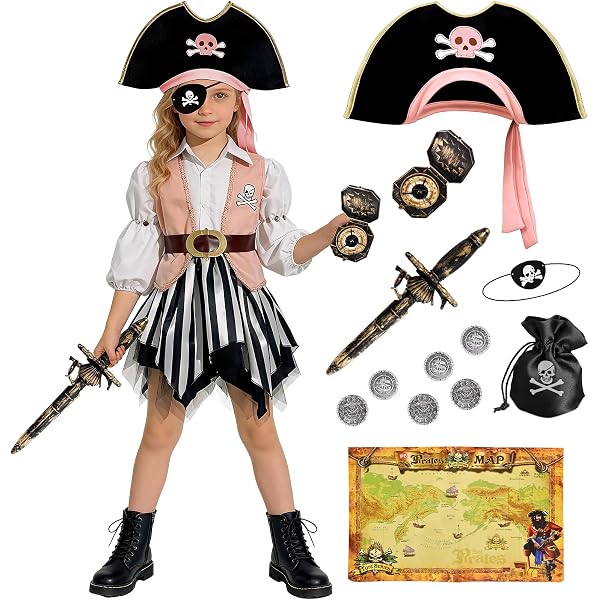 TinkerPlay Piratenkostüm Kinder Mädchen mit Piratenhut Piraten Zubehör Piratenkleid Stirnband Kompass Schwert Pirat Karneval Fasching Halloween Kostüm für Kinder (120CM(5-6 Jahre))